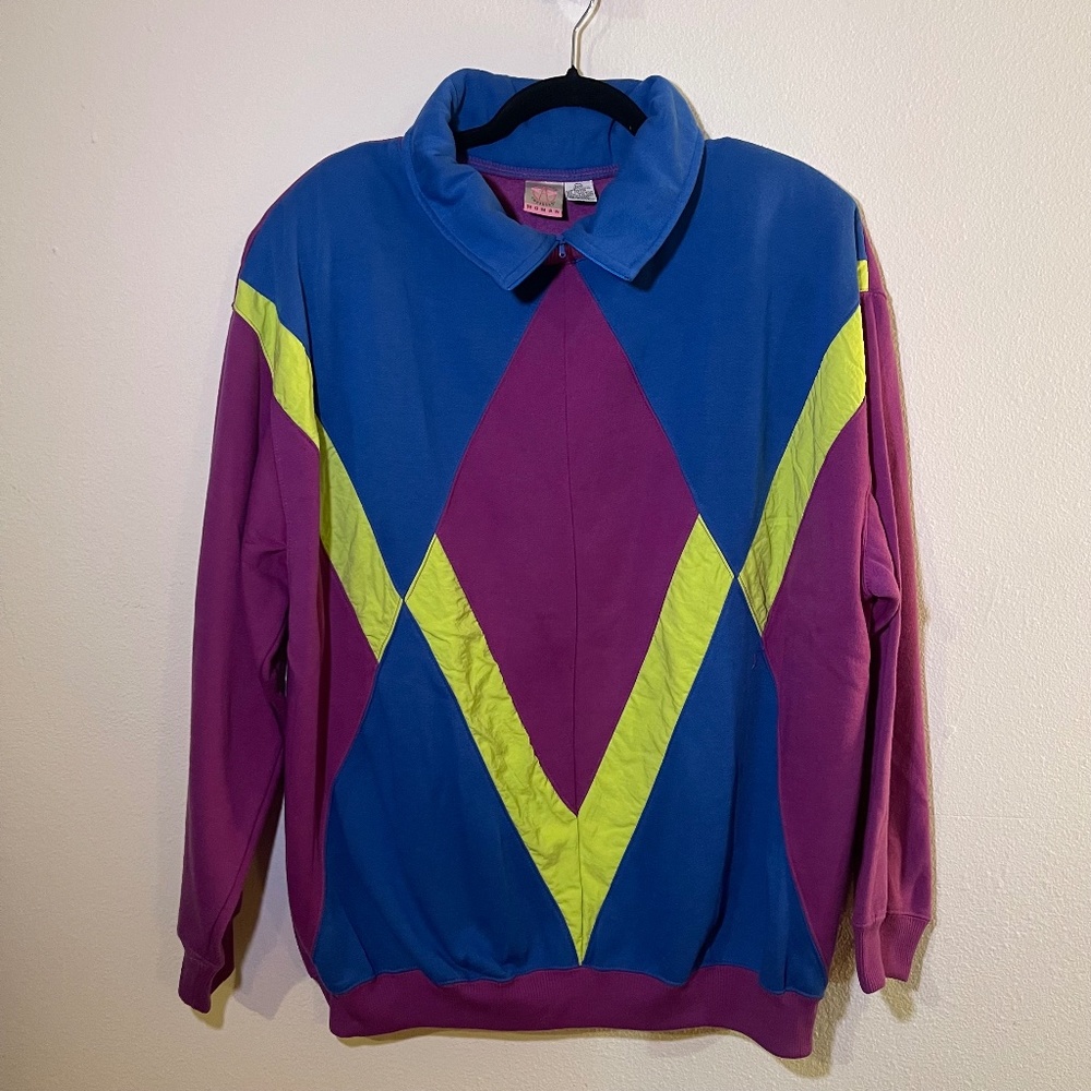 Vintage 80's Color Block Fleece Sweater with Shoulder Pads Women's XL 2XL 22W